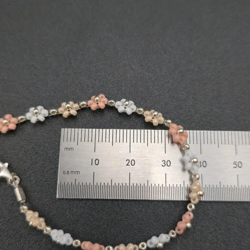 7 Inch Sterling Silver Small Bead Flowers Handmade Bracelet A6774 - Picture 6 of 7